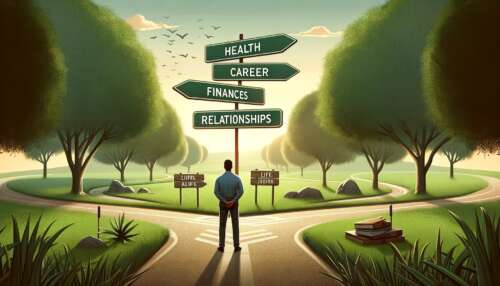 A visually engaging and thematic image for a blog post titled 'Audit Your Life', featuring a symbolic scene of a person standing at a crossroads in a park, each path labeled accurately with signs reading 'Health', 'Career', 'Finances', 'Relationships'. The setting is tranquil, with a clear sky and lush greenery, symbolizing thoughtful decision-making and personal development. The scene captures the essence of evaluating and choosing different aspects of life, perfect for a blog about self-improvement and life auditing.